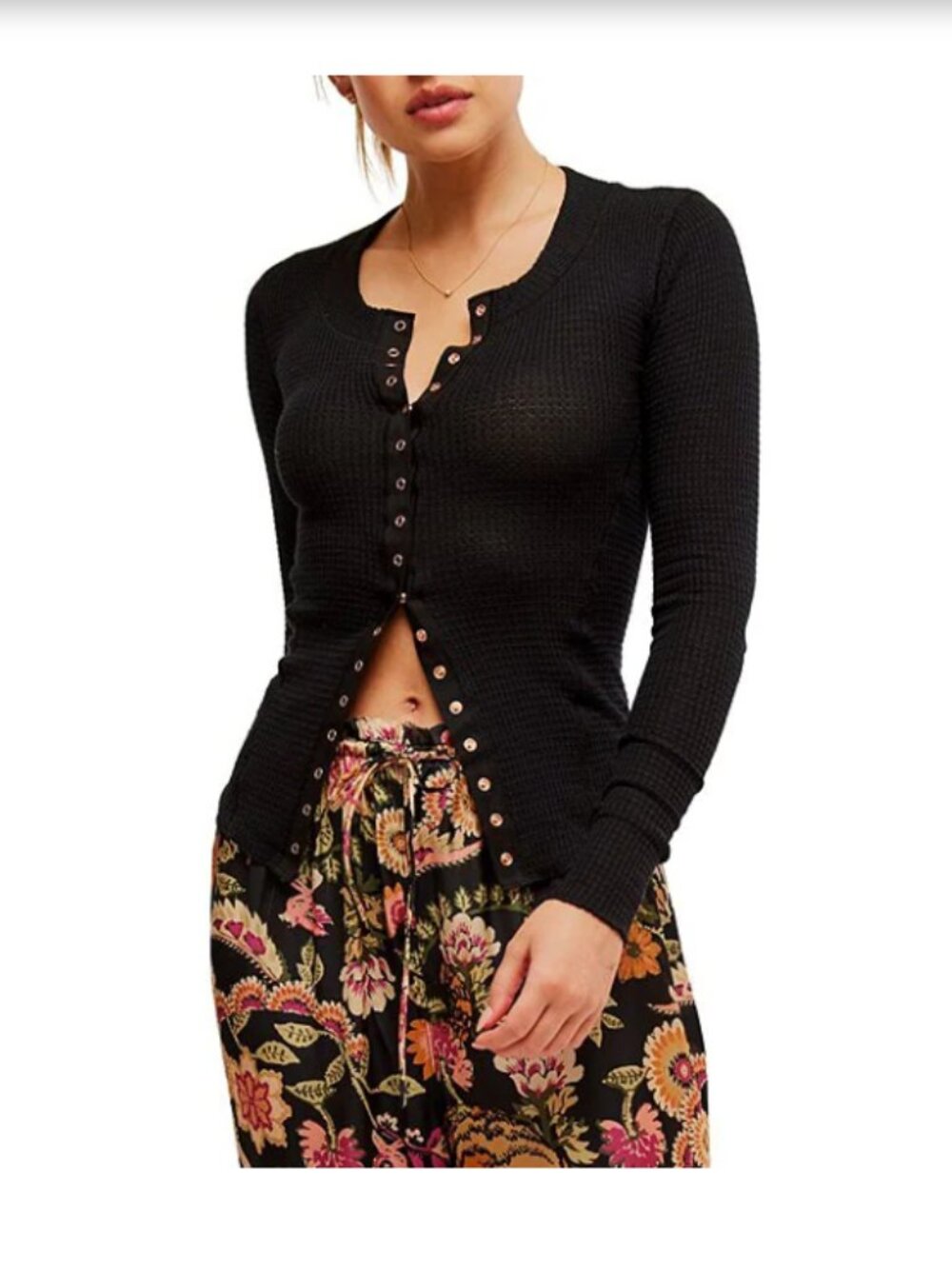Free People Going Places Waffle Knit Cardi Top XL Black Crew Neck Snap Button Lo